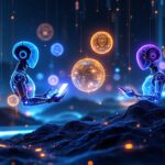 Dos robots futuristas interactúan en un entorno digital iluminado, simbolizando la inteligencia artificial y la automatización en la gestión de interacciones con clientes.