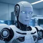 Primer plano del robot humanoide Tien Gong Xingzhe, con diseño futurista y ojos iluminados, en un laboratorio de alta tecnología.