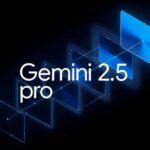 Representación visual futurista del modelo Gemini 2.5 Pro de Google, destacando su arquitectura avanzada en un entorno digital oscuro, con gráficos geométricos azules.