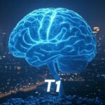 Representación visual del modelo de razonamiento T1 de Tencent, con un cerebro digital iluminado sobre un fondo urbano nocturno, simbolizando la inteligencia artificial avanzada en China.