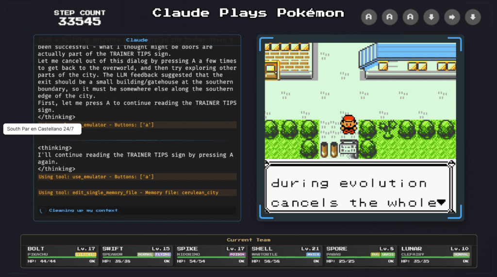 Captura de pantalla de la transmisión en vivo en Twitch donde la inteligencia artificial Claude 3.7 juega Pokémon Red, mostrando su proceso de pensamiento junto al juego.