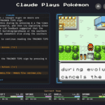 Captura de pantalla de la transmisión en vivo en Twitch donde la inteligencia artificial Claude 3.7 juega Pokémon Red, mostrando su proceso de pensamiento junto al juego.
