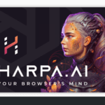 Ilustración futurista de una mujer con elementos cibernéticos y el logo de HARPA AI, representando un asistente de IA avanzado para navegador.