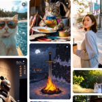 Collage de videos generados con inteligencia artificial por Wan2.1, mostrando diversas escenas creativas, como gatos antropomorfos, arte digital, paisajes realistas y retratos de personas en entornos urbanos y naturales.