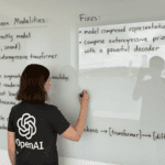 Persona con camiseta de OpenAI escribiendo en una pizarra blanca sobre generación de imágenes y modelos autoregresivos, con vista al puente de San Francisco al fondo.