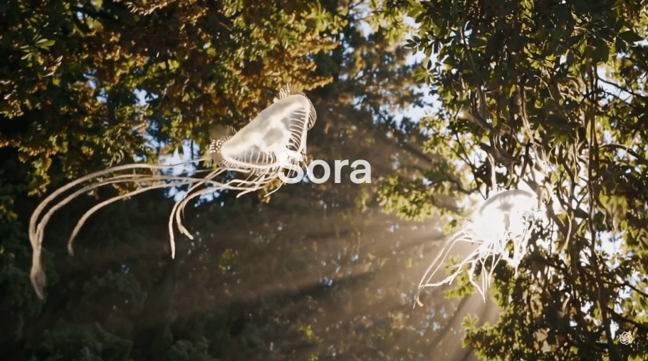 Representación artística de Sora de OpenAI, mostrando medusas flotando en un bosque iluminado por el sol, simbolizando la creatividad y la IA generativa.