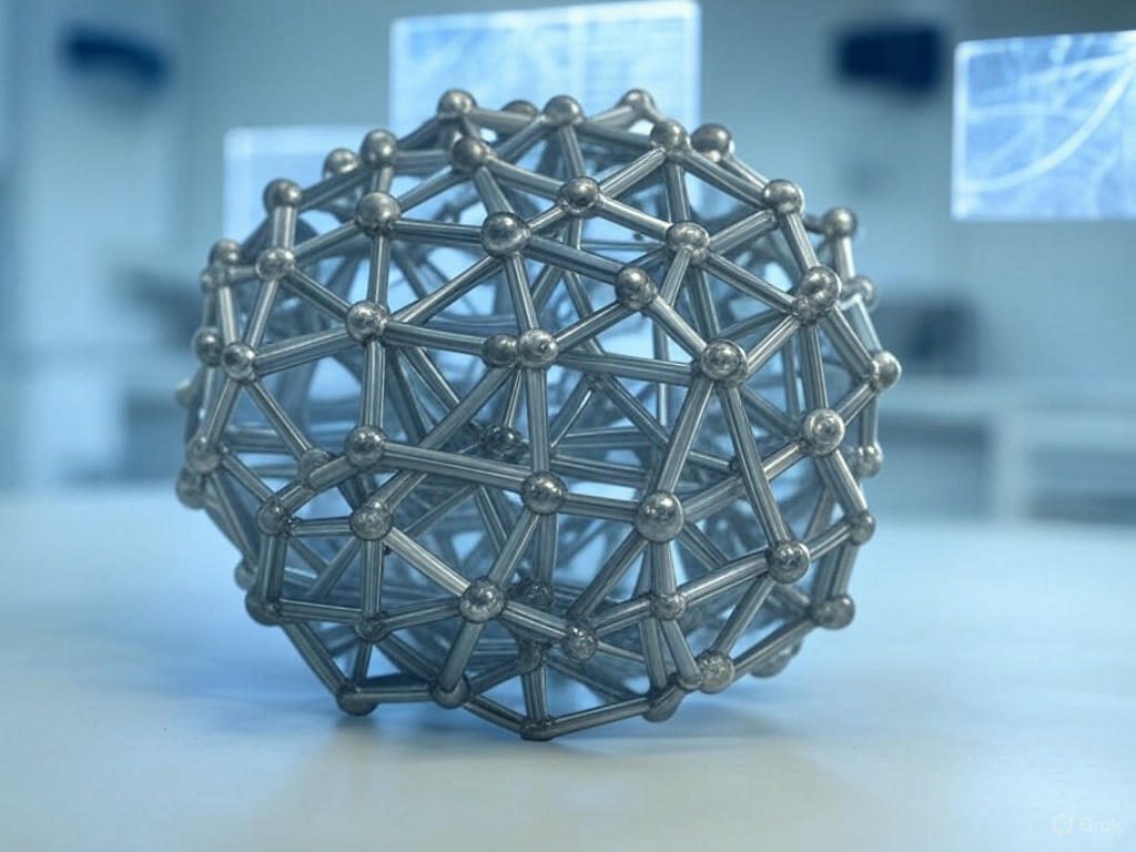Representación de una estructura molecular avanzada con diseño geométrico metálico, ilustrando la inteligencia artificial en materiales y la arquitectura nanométrica del Carbon Nanolattice en un entorno de laboratorio.