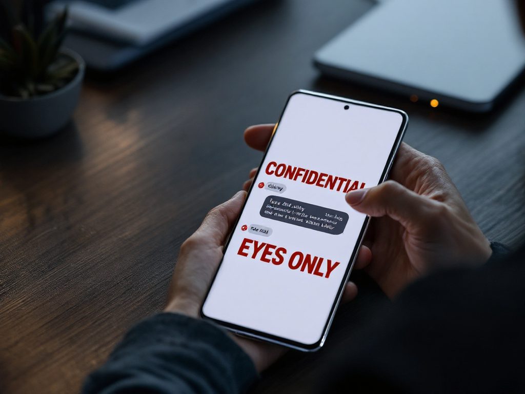 Persona sosteniendo un smartphone con un mensaje en pantalla que dice "CONFIDENTIAL EYES ONLY", representando seguridad y privacidad en inteligencia artificial.