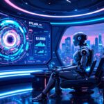 Un robot futurista con diseño avanzado analiza datos financieros y gráficos en una interfaz digital holográfica, con una ciudad iluminada al atardecer al fondo.