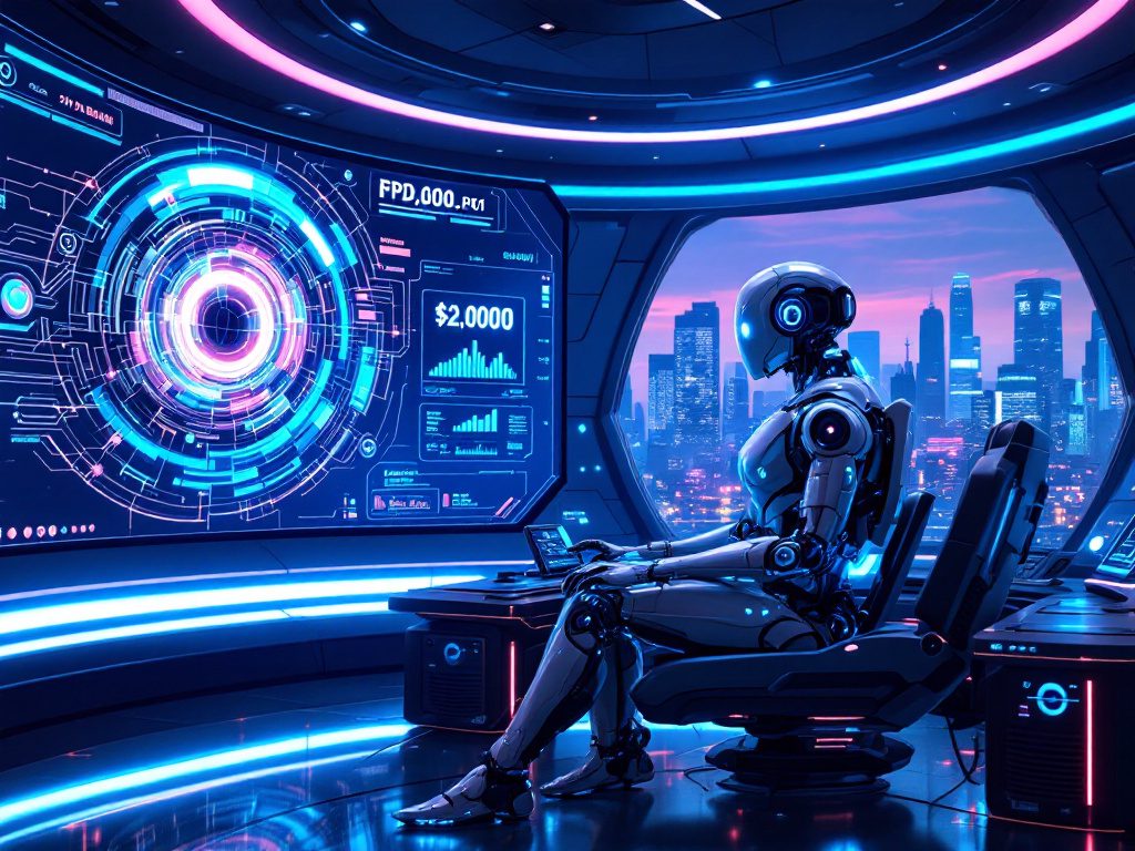 Un robot futurista con diseño avanzado analiza datos financieros y gráficos en una interfaz digital holográfica, con una ciudad iluminada al atardecer al fondo.