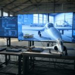 Configuración de desarrollo de un simulador de vuelo con IA, con múltiples pantallas mostrando código y modelado de aviones en un hangar industrial.