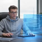 Programador trabajando con una pantalla holográfica de código generado por inteligencia artificial en una oficina moderna.