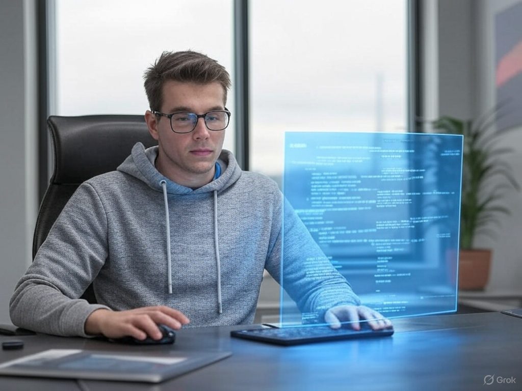 Programador trabajando con una pantalla holográfica de código generado por inteligencia artificial en una oficina moderna.