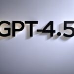Logo de GPT-4.5 en una pared con iluminación de fondo, representando la nueva versión del modelo de inteligencia artificial de OpenAI.