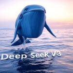 Ilustración de una ballena azul saltando sobre el océano al amanecer, con el texto "Deep Seek V3", representando el poder emergente del modelo de lenguaje DeepSeek V3 en el campo de la inteligencia artificial.
