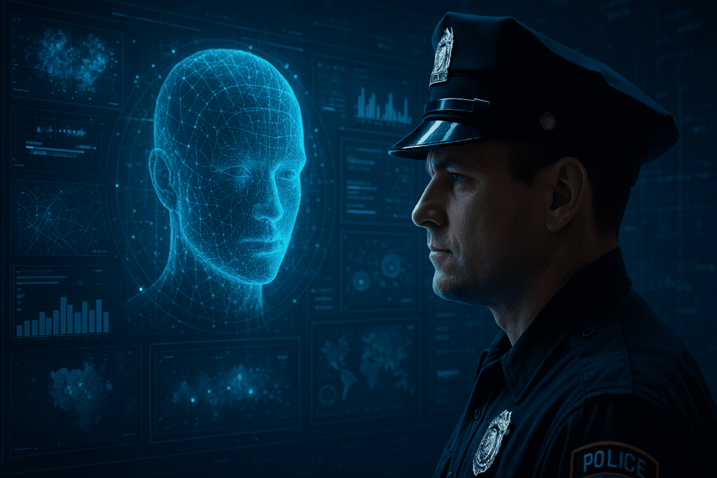Un agente de policía observa atentamente una interfaz digital con una cabeza generada por inteligencia artificial, representando el uso de predicción delictiva con inteligencia artificial en operaciones policiales modernas