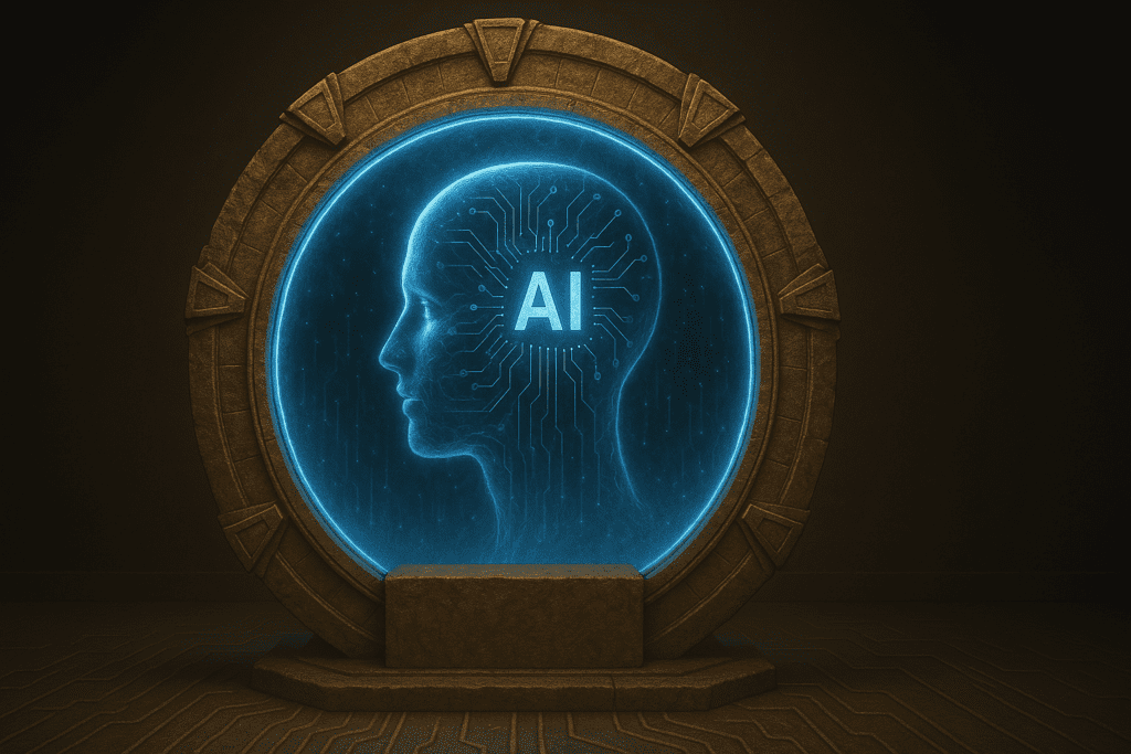 Proyección futurista del Proyecto Stargate mostrando un portal circular con un perfil humano iluminado en azul y la palabra "AI" en el centro, simbolizando la infraestructura de inteligencia artificial en EE. UU.