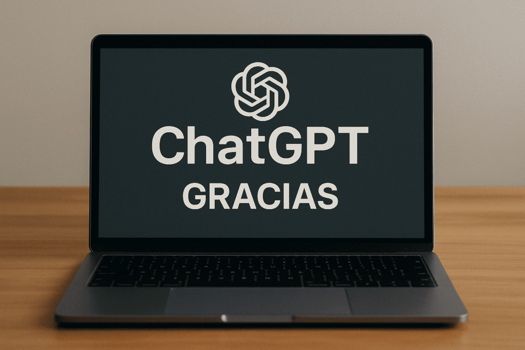 Ordenador portátil sobre un escritorio de madera mostrando en pantalla el logotipo de ChatGPT y la palabra “GRACIAS”, ilustrando el debate sobre el precio de la cortesía en la inteligencia artificial.