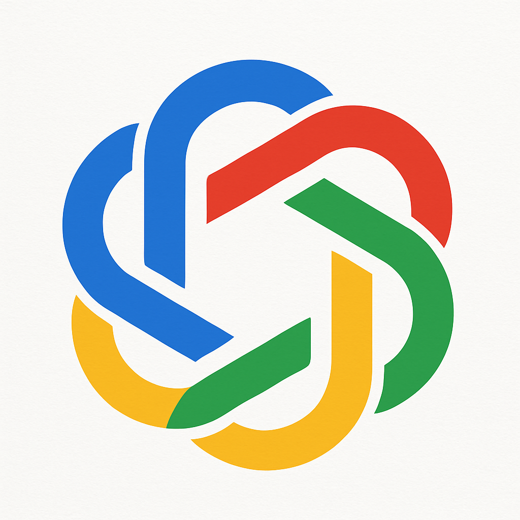 Logotipo colorido entrelazado que representa la posible fusión de tecnologías entre OpenAI y Chrome, simbolizando el impacto de la inteligencia artificial en la navegación web.