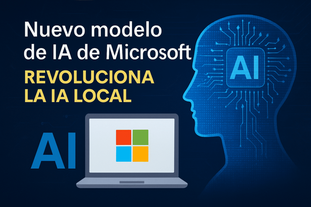 Ilustración con el texto “Nuevo modelo de IA de Microsoft revoluciona la IA local”, acompañada por una figura de cerebro digital con el símbolo “AI” y un portátil con el logo de Microsoft, representando el avance de la inteligencia artificial local.
