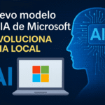 Ilustración con el texto “Nuevo modelo de IA de Microsoft revoluciona la IA local”, acompañada por una figura de cerebro digital con el símbolo “AI” y un portátil con el logo de Microsoft, representando el avance de la inteligencia artificial local.