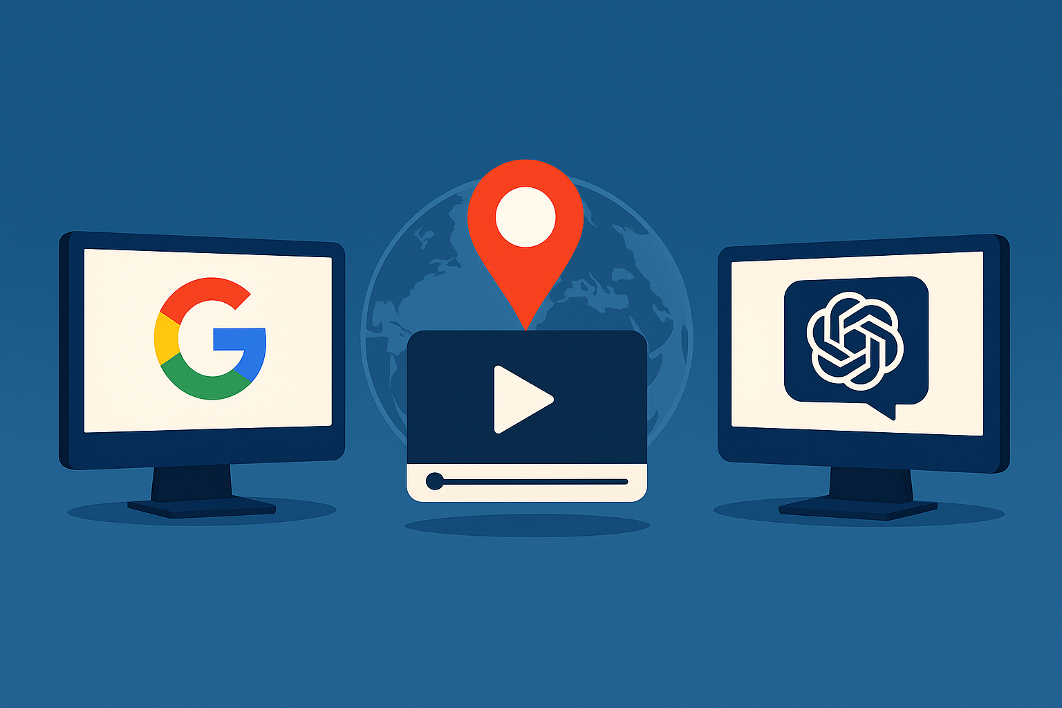 Ilustración de dos monitores mostrando los logotipos de Google y ChatGPT, separados por un icono de reproducción de vídeo y geolocalización sobre un fondo de mapa mundial, representando la competencia en geolocalización de vídeos mediante IA.