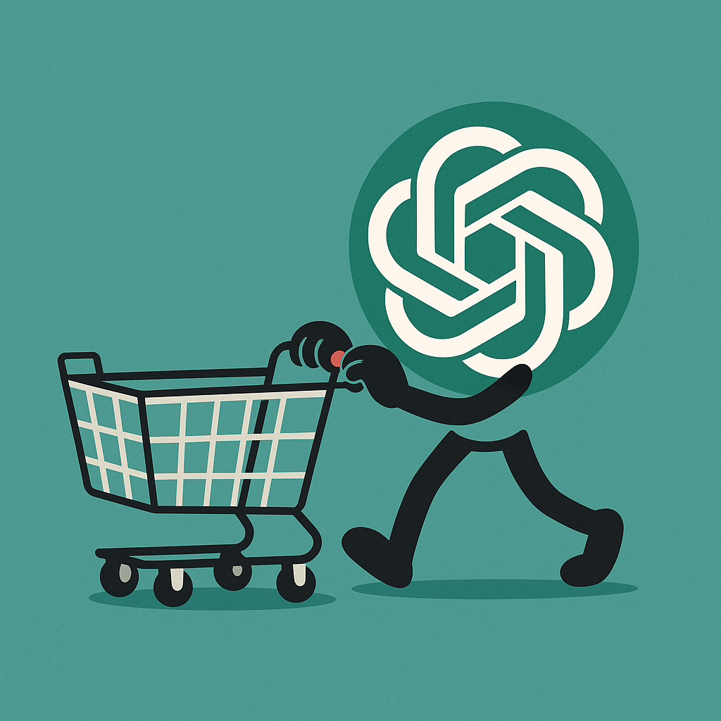 Ilustración conceptual de ChatGPT empujando un carrito de compras, representando la integración de funciones de compra en ChatGPT y su impacto en el comercio electrónico.