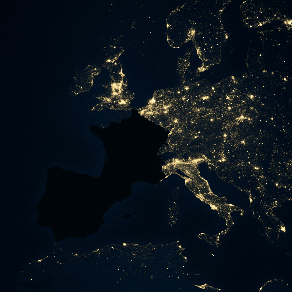 Vista nocturna de Europa donde España, Portugal y parte de Francia están completamente oscuras, destacando el alcance del apagón digital en Europa y la posible relación con ciberataques avanzados.
