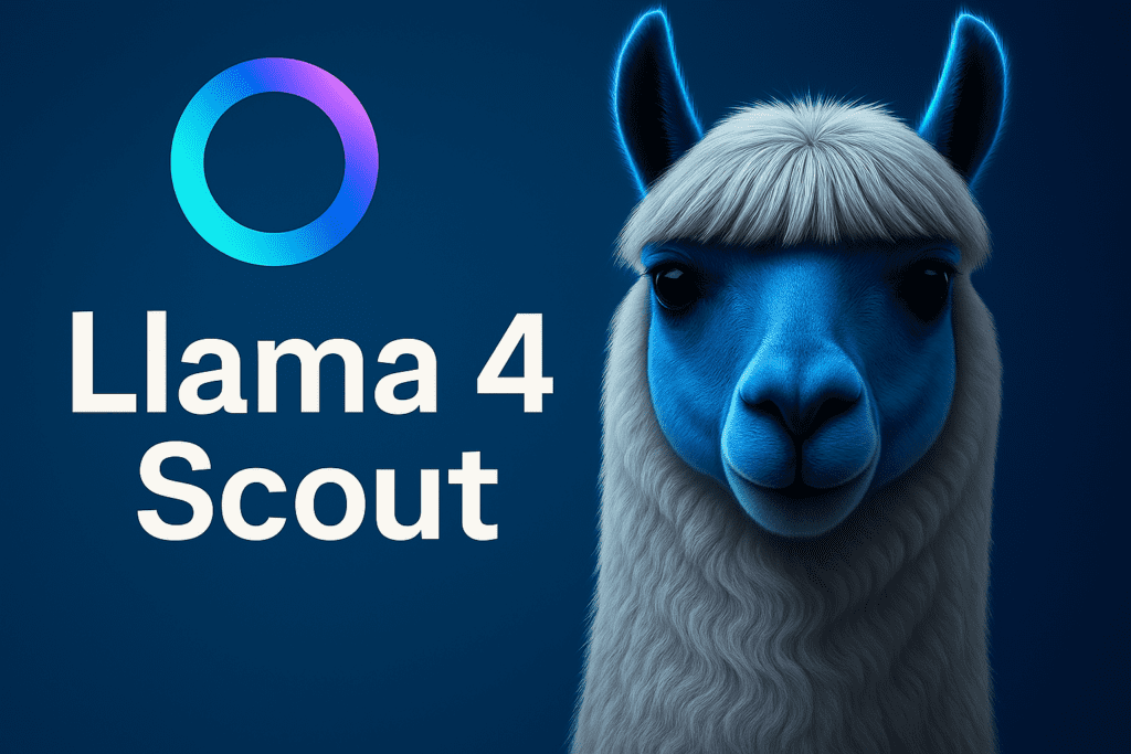 Ilustración digital de una llama azul con cabello blanco sobre fondo azul oscuro, Ilustración digital de una llama azul con cabello blanco sobre fondo azul oscuro, junto al texto "Llama 4 Scout" y un logotipo circular, representando el modelo de inteligencia artificial Llama 4 Scout y Maverick de Meta