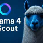 Ilustración digital de una llama azul con cabello blanco sobre fondo azul oscuro, Ilustración digital de una llama azul con cabello blanco sobre fondo azul oscuro, junto al texto "Llama 4 Scout" y un logotipo circular, representando el modelo de inteligencia artificial Llama 4 Scout y Maverick de Meta