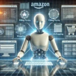 Robot humanoide futurista interactuando con una interfaz digital avanzada que muestra el logotipo de Amazon y funciones como completar formularios, compras y navegación web, representando a los agentes avanzados de IA.
