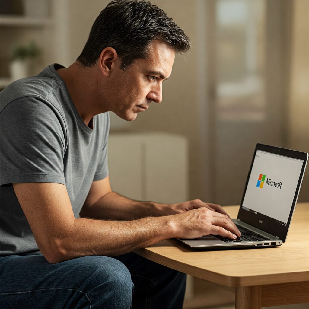Hombre usando un portátil con el logotipo de Microsoft en la pantalla, representando la participación en cursos IA gratis en España ofrecidos por Microsoft.