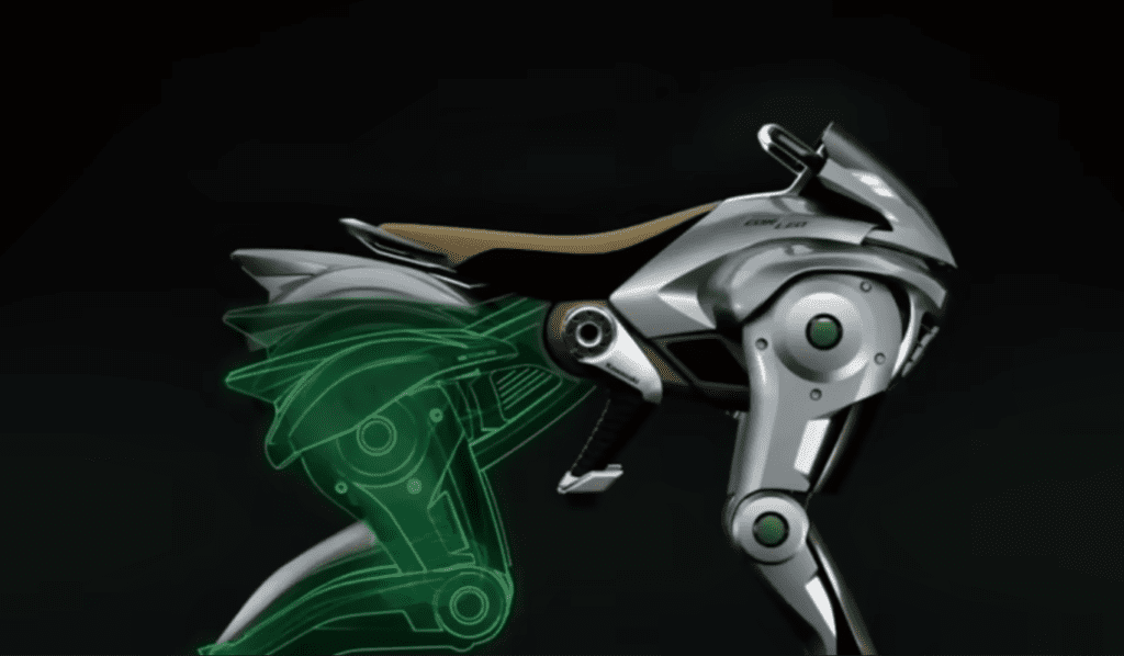 Diseño conceptual del CORLEO de Kawasaki, un prototipo de movilidad personal con patas robóticas inspirado en animales, impulsado por hidrógeno y presentado en la Expo Mundial 2025.
