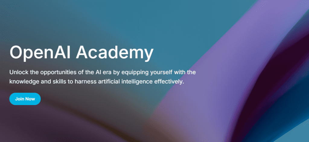 Pantalla de bienvenida de OpenAI Academy con mensaje inspirador sobre educación en inteligencia artificial y un botón azul que invita a unirse.