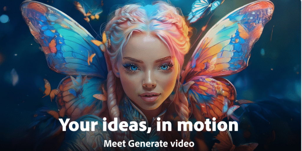 Ilustración fantástica creada con Adobe Firefly, mostrando una figura femenina con alas de mariposa multicolores, rodeada de mariposas en un entorno mágico, representando creatividad visual con inteligencia artificial.