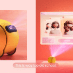 Robot Ballie de Samsung proyectando un menú de estilos de cabello mientras una mujer interactúa con la proyección, destacando su diseño esférico amarillo y funciones de asistencia inteligente.