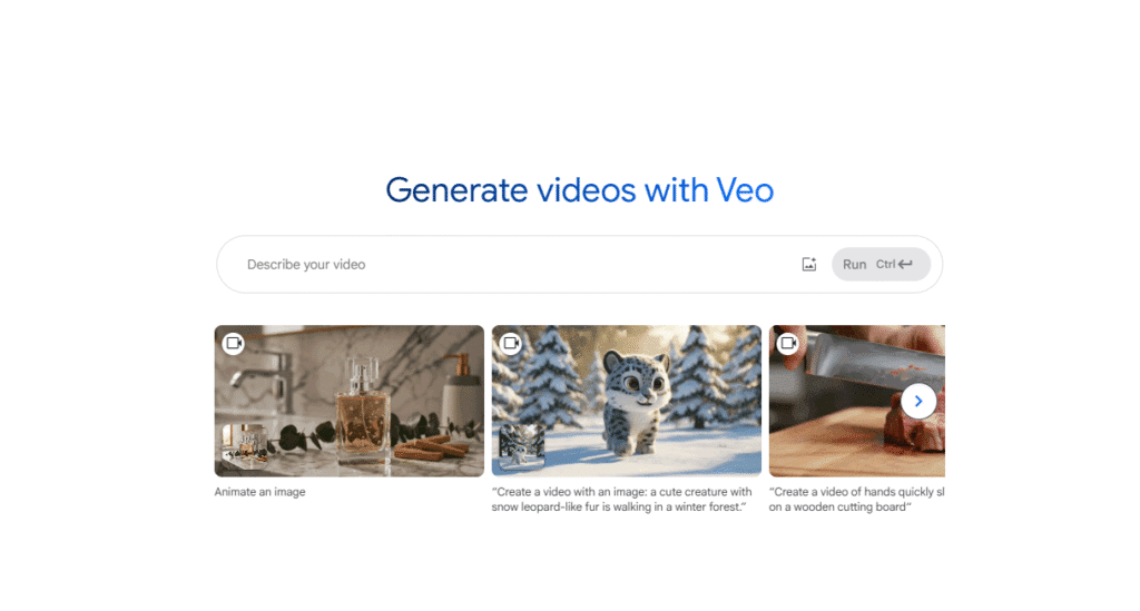 Interfaz de Google AI Studio con el generador de vídeos Veo 2, mostrando ejemplos visuales de vídeos creados con inteligencia artificial, como una bebida animada, una criatura invernal y una mano cortando carne.