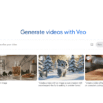 Interfaz de Google AI Studio con el generador de vídeos Veo 2, mostrando ejemplos visuales de vídeos creados con inteligencia artificial, como una bebida animada, una criatura invernal y una mano cortando carne.