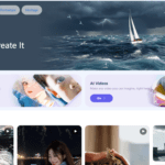 muestra la interfaz de creación de vídeos e imágenes con IA usando el modelo Wan2.1, con una escena principal de un velero en alta mar, secciones para generar arte visual y animaciones desde texto, y ejemplos de vídeos generados que incluyen retratos estilizados, animales, entornos urbanos y paisajes cinematográficos, todo enfocado en crear vídeos con IA gratis.
