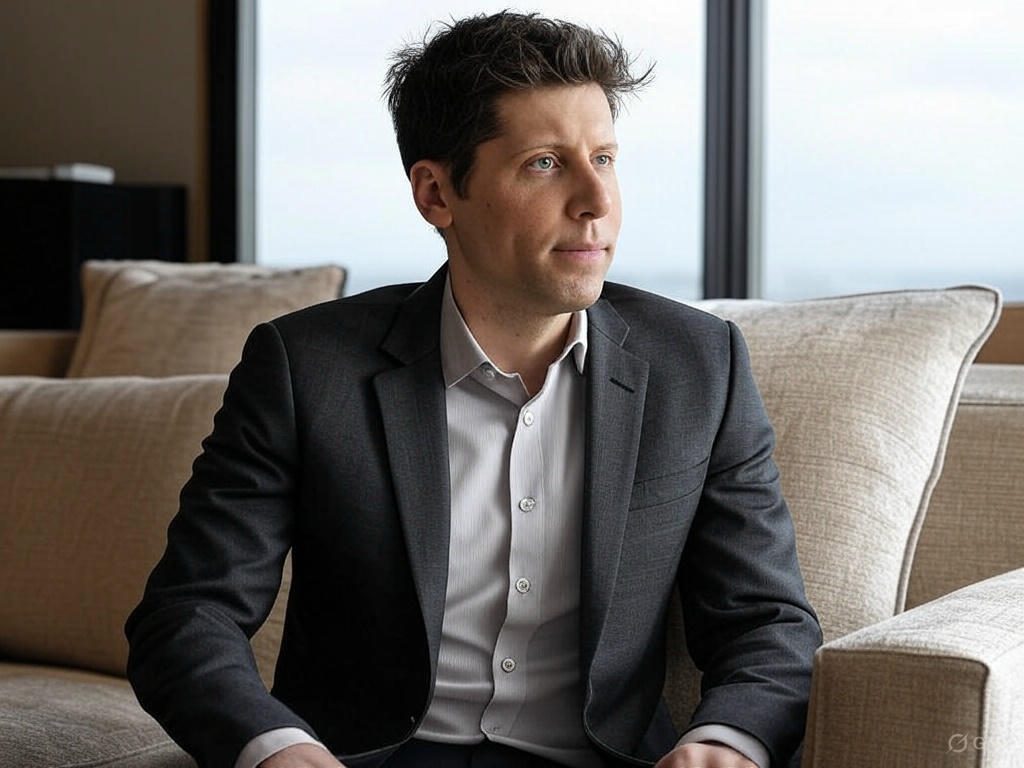Sam Altman, CEO de OpenAI, sentado en un sofá con traje formal, reflexionando sobre el futuro de la programación impulsado por inteligencia artificial.