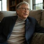 Bill Gates sentado en un sofá durante una entrevista, hablando sobre el impacto futuro de la inteligencia artificial, vestido con un suéter gris y saco oscuro, con un ambiente acogedor de fondo.