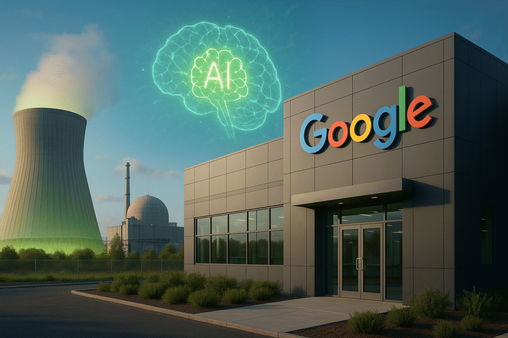 Fachada de un edificio de Google junto a una planta nuclear con torres de enfriamiento, mientras un cerebro digital con las letras “AI” flota en el cielo, representando la conexión entre energía nuclear e inteligencia artificial.