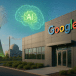 Fachada de un edificio de Google junto a una planta nuclear con torres de enfriamiento, mientras un cerebro digital con las letras “AI” flota en el cielo, representando la conexión entre energía nuclear e inteligencia artificial.