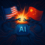 Ilustración de la guerra de los chips entre EE. UU. y China, con las banderas de ambos países separadas por un estallido sobre un chip de inteligencia artificial y cables rotos, simbolizando el conflicto tecnológico.