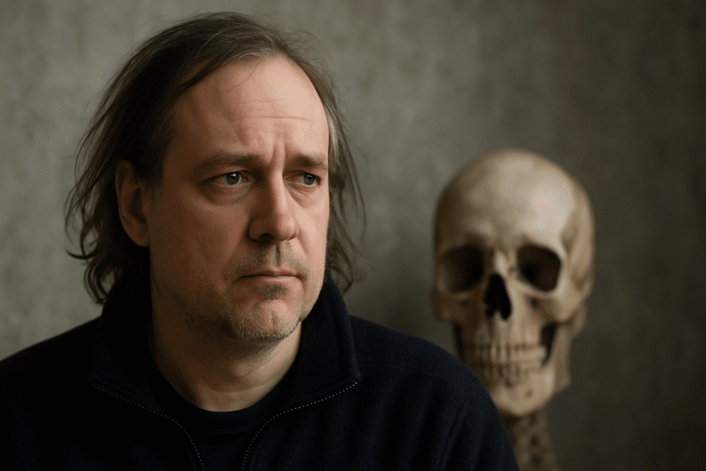 Hombre de mediana edad con expresión seria y mirada reflexiva, posando frente a una calavera humana desenfocada en segundo plano, en un ambiente sobrio con fondo gris, simbolizando una reflexión filosófica sobre la muerte y la condición humana.