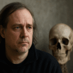 Hombre de mediana edad con expresión seria y mirada reflexiva, posando frente a una calavera humana desenfocada en segundo plano, en un ambiente sobrio con fondo gris, simbolizando una reflexión filosófica sobre la muerte y la condición humana.