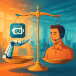 Ilustración de una balanza que compara un robot con un ícono de IA en un platillo y un agente humano con auriculares en el otro, simbolizando el equilibrio entre eficiencia de la inteligencia artificial y la empatía humana en el servicio al cliente, en el contexto de Klarna IA.
