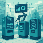 Ilustración de contenedores inteligentes con tecnología IoT mostrando datos en tiempo real y niveles de residuos, optimizando la gestión de residuos en una ciudad moderna.