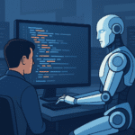 Ilustración de un desarrollador humano colaborando con un robot humanoide frente a una pantalla con código, simbolizando la integración de la IA en el desarrollo de software.