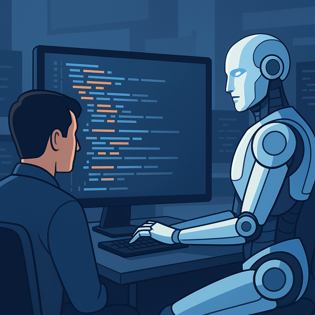 Ilustración de un desarrollador humano colaborando con un robot humanoide frente a una pantalla con código, simbolizando la integración de la IA en el desarrollo de software.